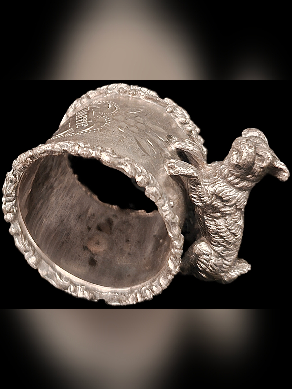 Antique Silverplate Figural Dog Napkin Ring Terrier Spaniel Engraved Dorrie